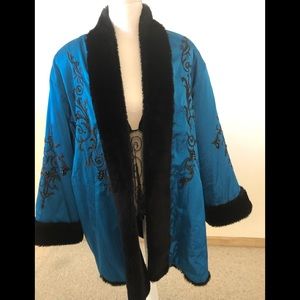 Womens silk beaded jacket lined with black fake fur. Gorgeous.